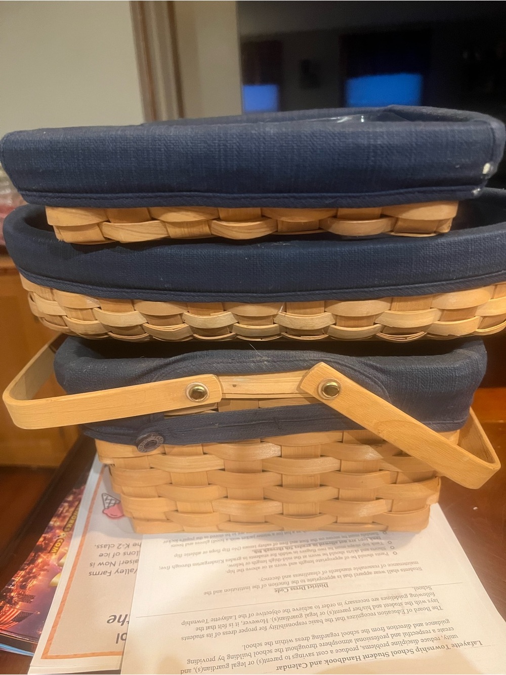 Taskets Renaissance Wicker Baskets Set Of 3 - With Blue Liners